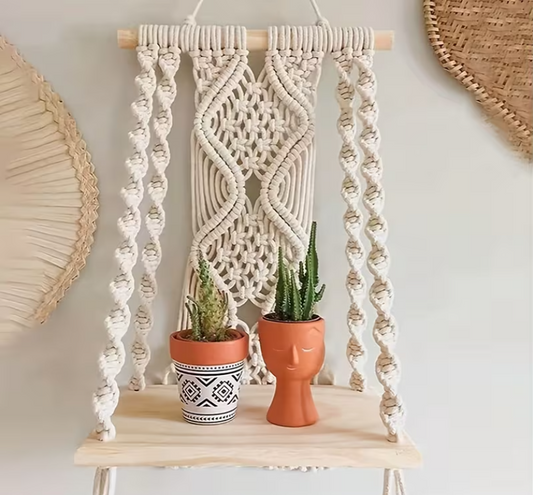 Macrame wall hanging with wooden shelve